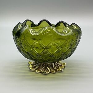 Indiana Glass Metal Footed Diamond Duette Avocado Green Quilted Candy Di…